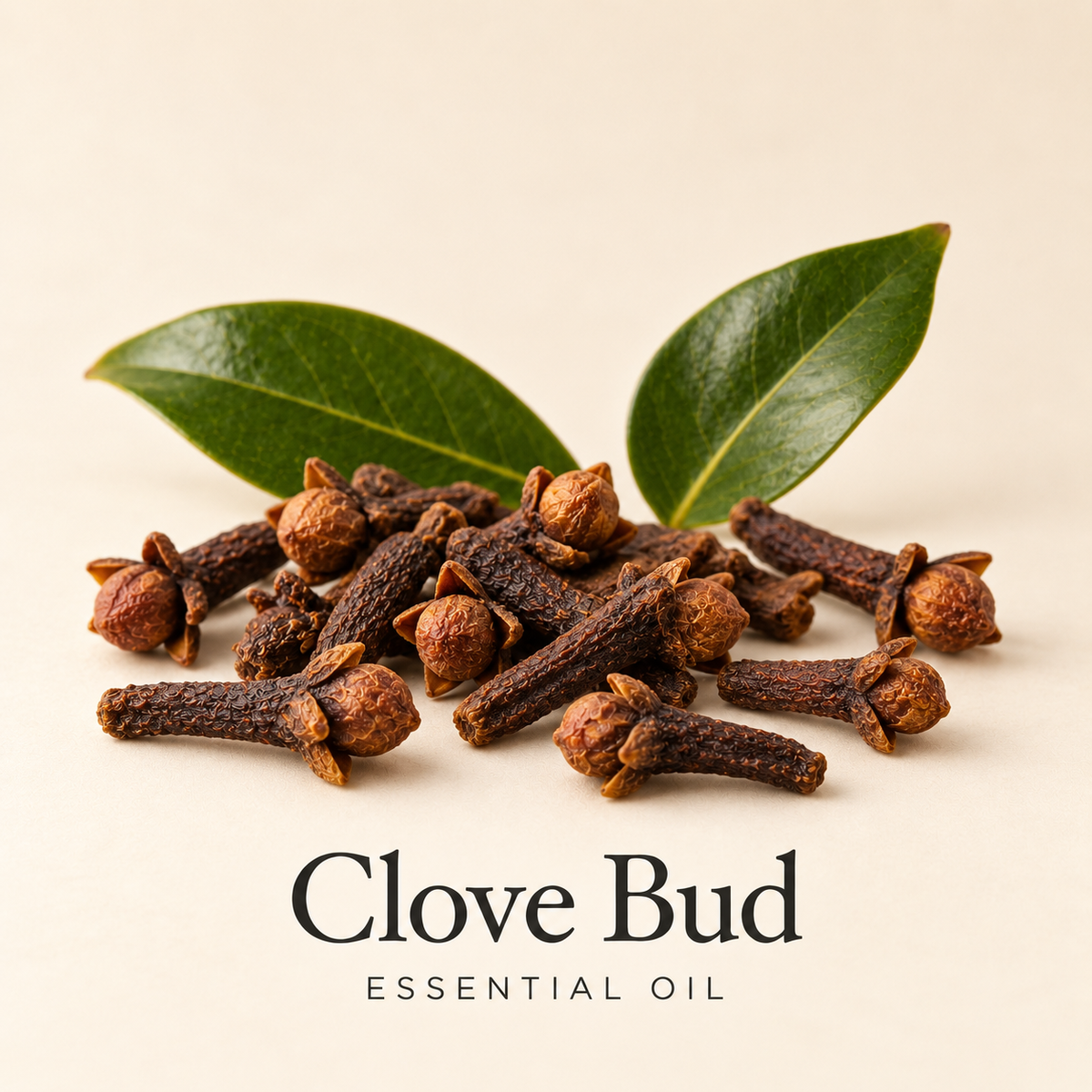 Dried clove buds with green leaves on an ivory background, labeled Clove Bud Essential Oil.