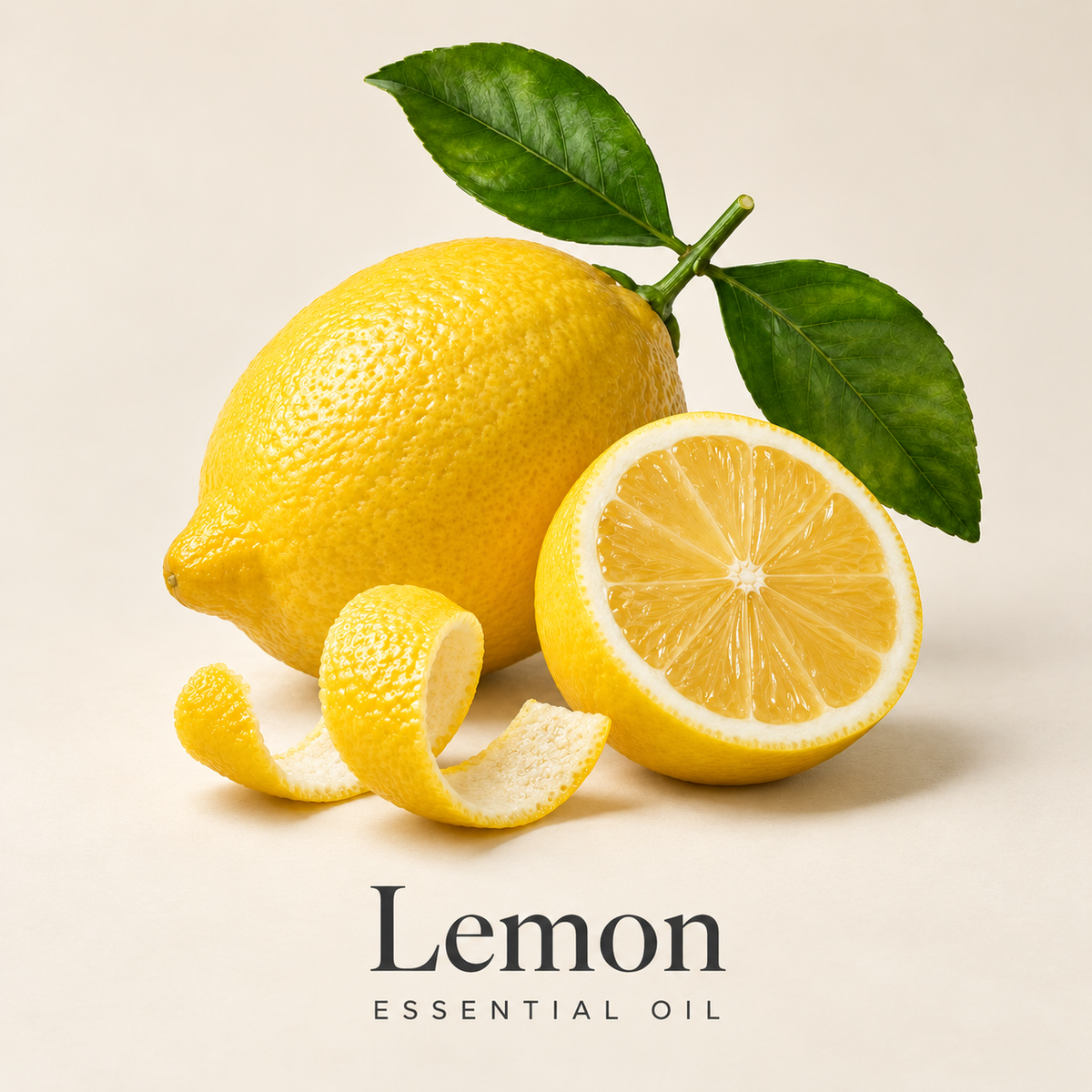 Whole lemon, a cut lemon, peel and green leaves on ivory, labeled Lemon Essential Oil.