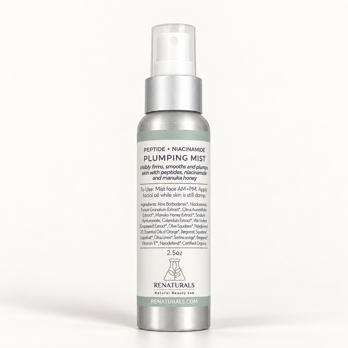 RENATURALS Peptide + Niacinamide Plumping Mist, 2.5 oz, in a silver spray bottle with white pump and clear cap on ivory.