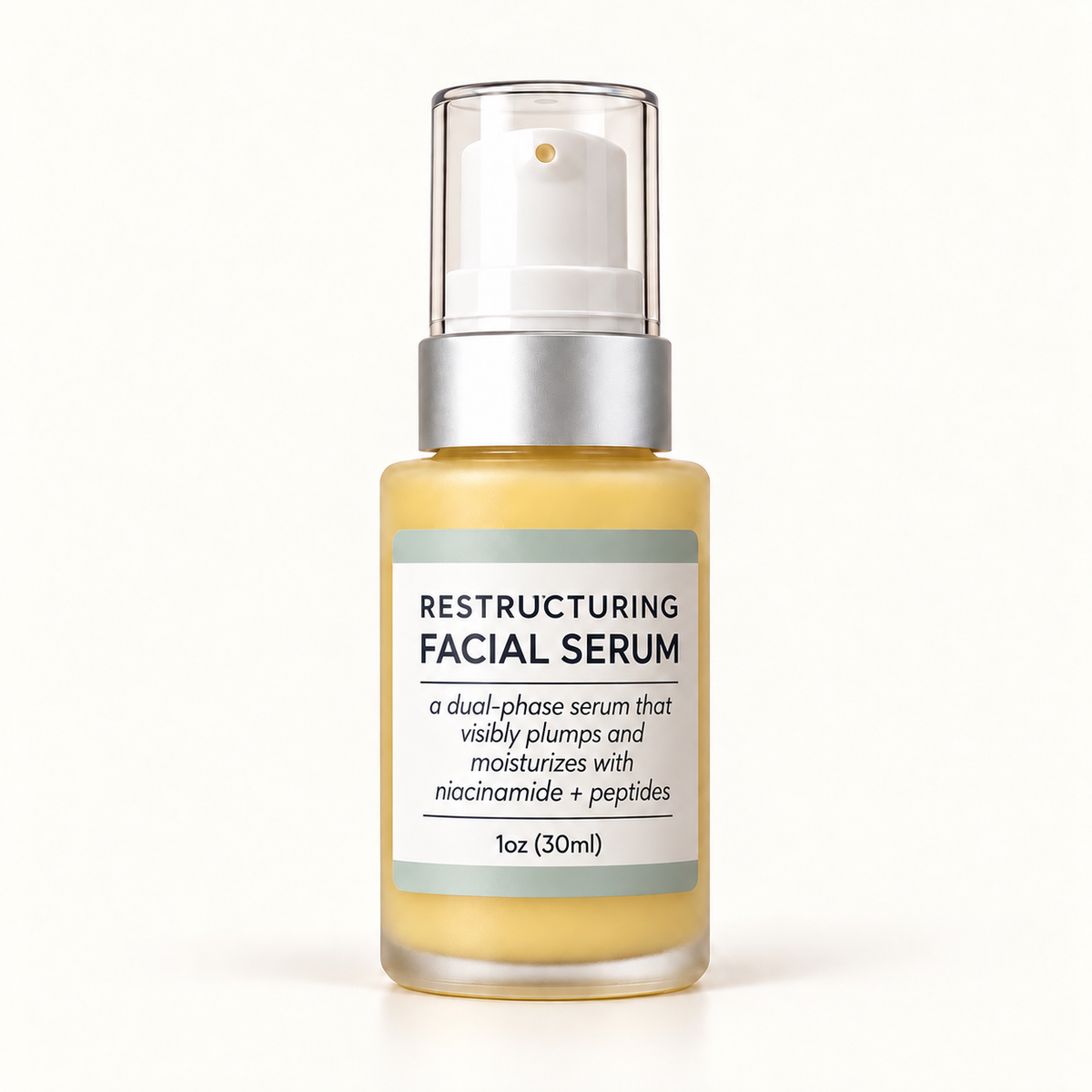 RENATURALS Restructuring Facial Serum, 1 oz, in a frosted bottle with a white pump, matte silver collar and clear cap.