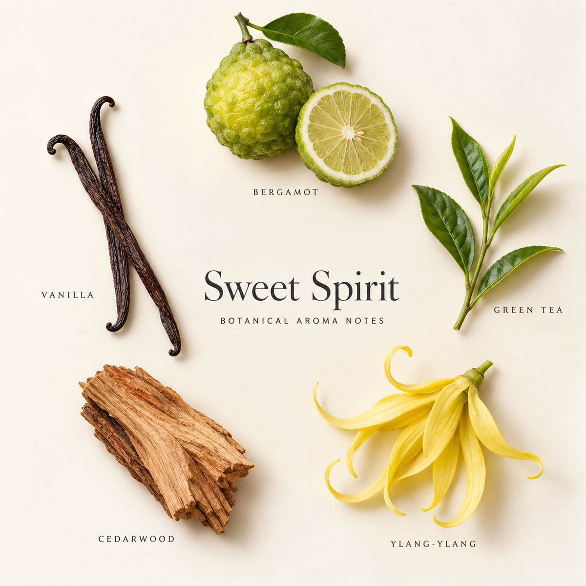 Sweet Spirit botanical aroma notes: bergamot, green tea, ylang-ylang, cedarwood and vanilla arranged separately on an ivory background.