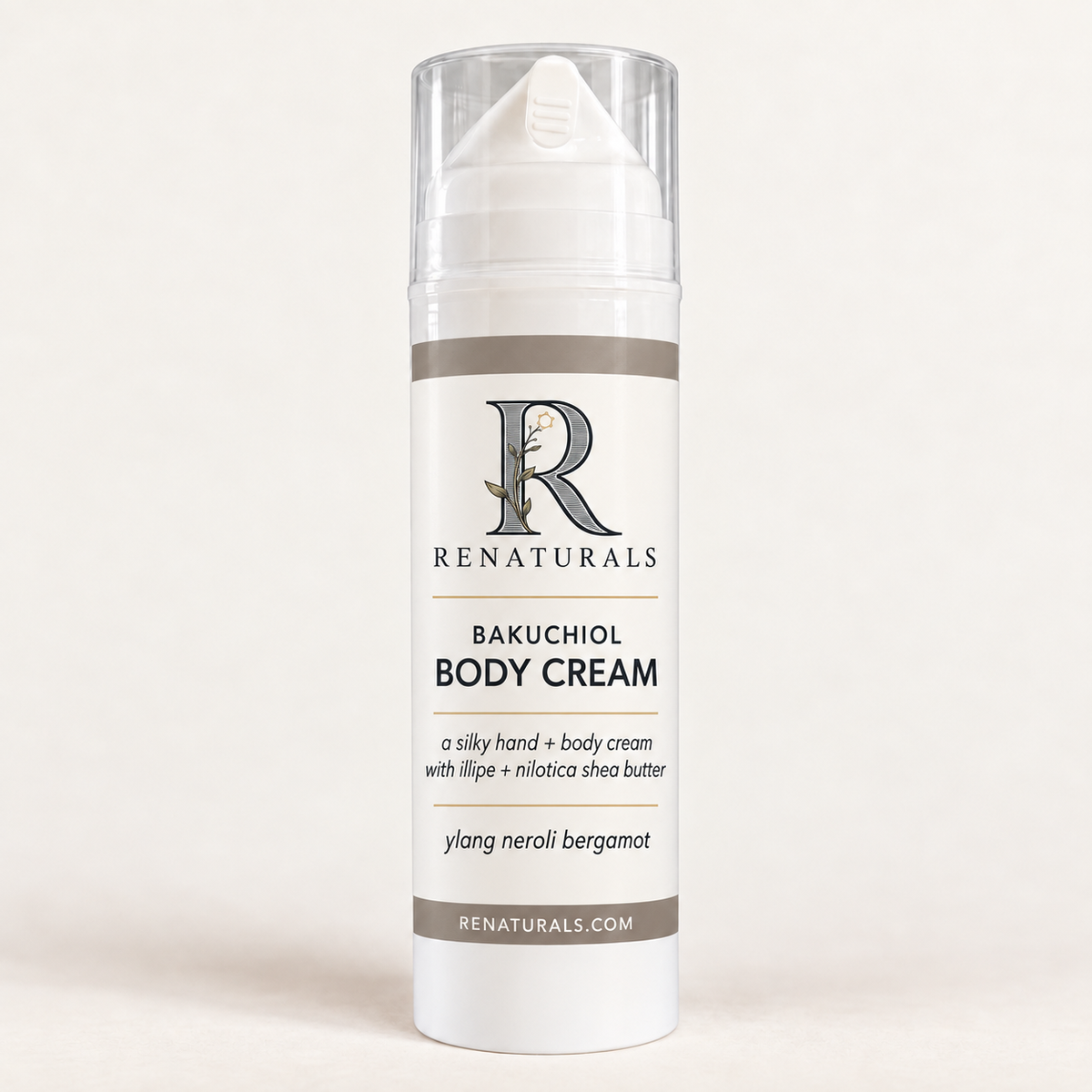 RENATURALS Bakuchiol Body Cream, ylang neroli bergamot, in a white airless pump bottle with a clear cap and an ivory, taupe and soft-gold Botanical R label.