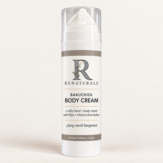 RENATURALS Bakuchiol Body Cream, ylang neroli bergamot, in a white airless pump bottle with a clear cap and an ivory, taupe and soft-gold Botanical R label.