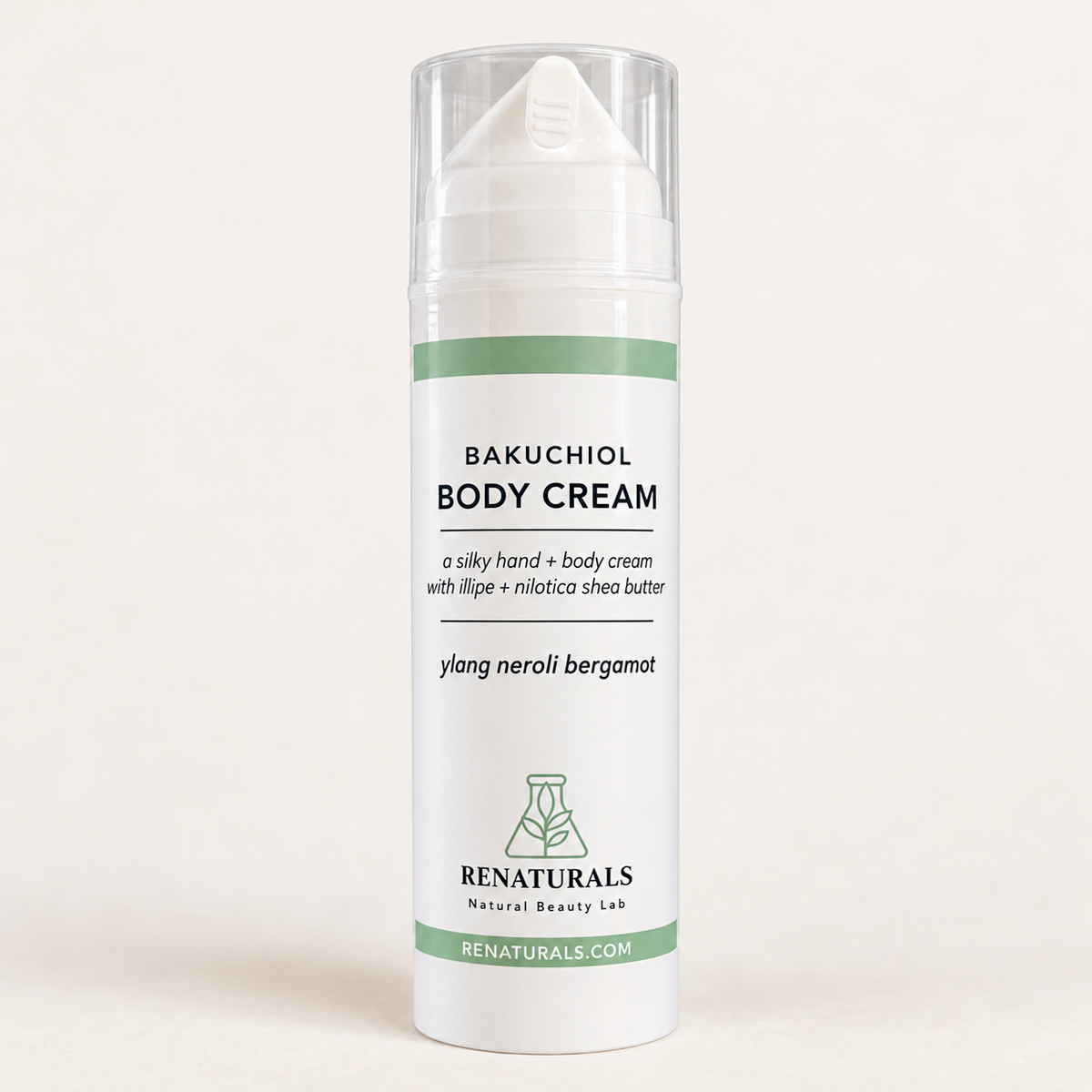RENATURALS Bakuchiol Body Cream in a white airless pump bottle with a clear cap and sage-and-white label on a warm ivory background.