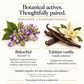 RENATURALS ingredient feature card showing bakuchiol botanical flowers and Tahitian vanilla flower and pods, with Sytenol A, antioxidant research and study attribution.