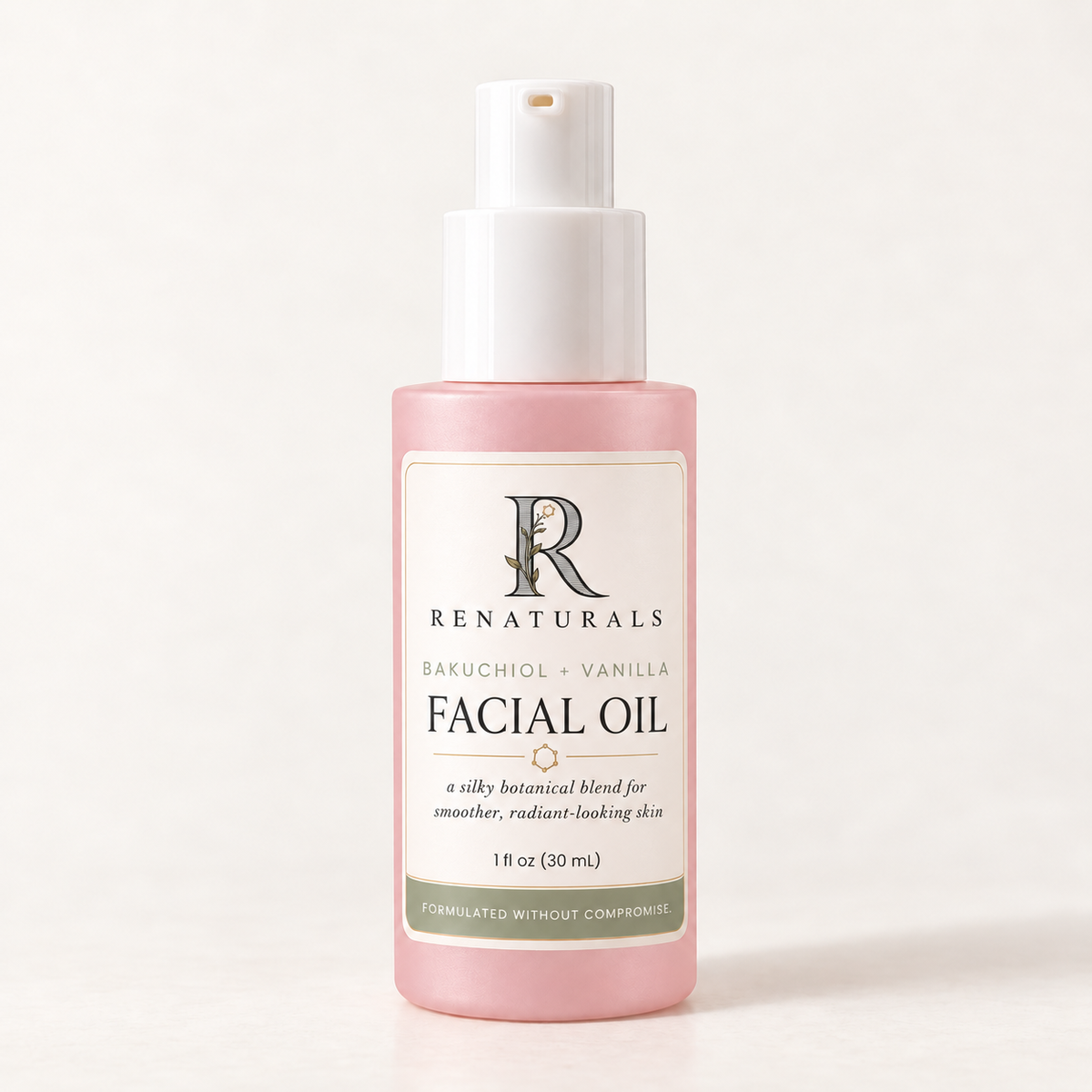 RENATURALS Bakuchiol + Vanilla Facial Oil, 1 fl oz (30 mL), in a pink frosted bottle with a white pump and ivory, sage and gold Botanical R label on warm ivory.