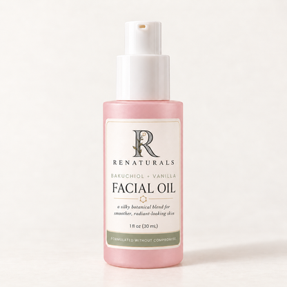 RENATURALS Bakuchiol + Vanilla Facial Oil, 1 fl oz (30 mL), in a pink frosted bottle with a white pump and ivory, sage and gold Botanical R label on warm ivory.