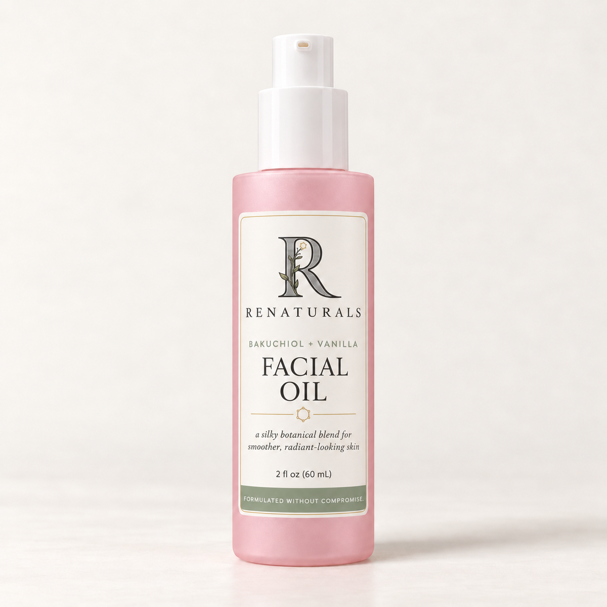 RENATURALS Bakuchiol + Vanilla Facial Oil, 2 fl oz (60 mL), in a taller pink frosted bottle with a white pump and ivory, sage and gold Botanical R label on warm ivory.