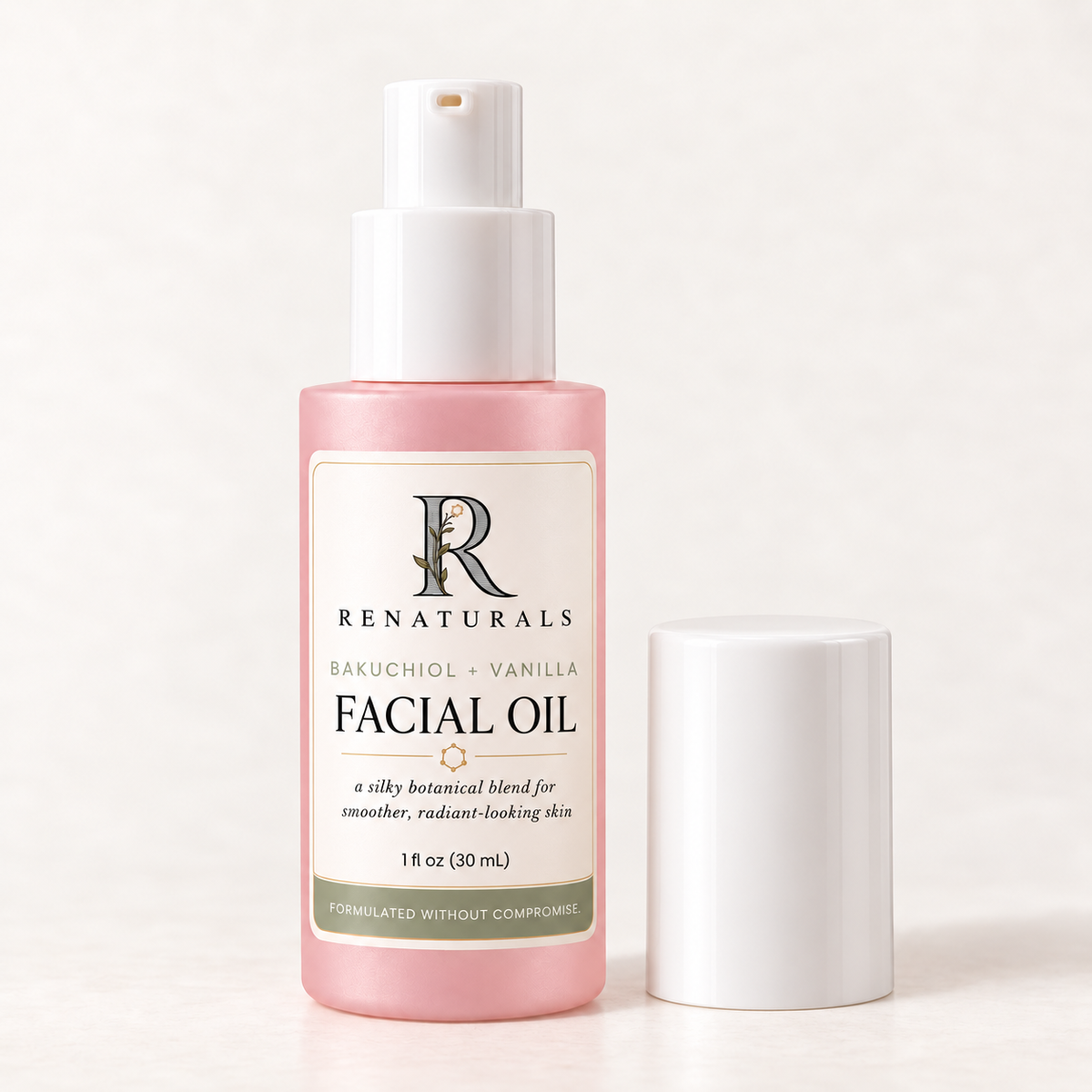RENATURALS Bakuchiol + Vanilla Facial Oil, 1 fl oz (30 mL), in a pink frosted bottle with a white pump and Botanical R label, with the white protective overcap beside it on warm ivory.