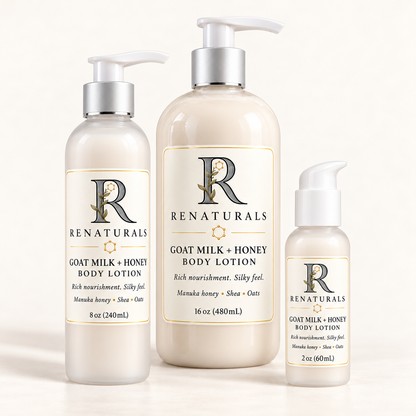 RENATURALS Goat Milk + Honey Lotion: 2 oz and 8 oz frosted PET bottles, with an all-white treatment pump on 2 oz and silver-collar white saddle pumps on 8 oz and the 16 oz bottle.