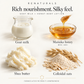 RENATURALS Goat Milk + Honey Body Lotion ingredient card showing goat milk, manuka honey MGO 600+, shea butter and colloidal oats on a warm ivory background.