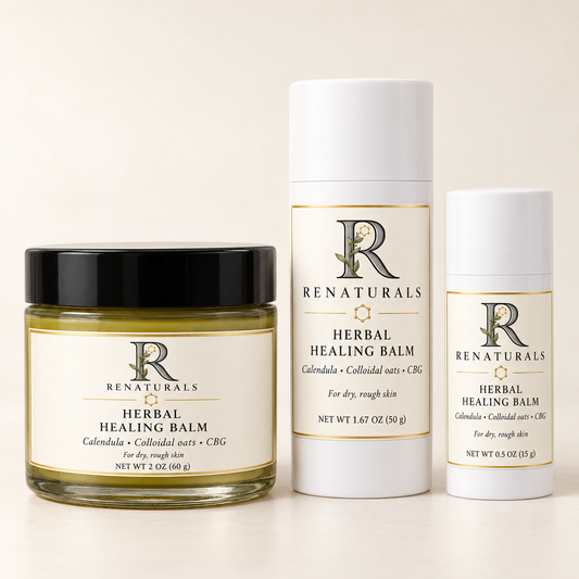RENATURALS Herbal Healing Balm in a 60 g glass jar and white 50 g and 15 g twist-up tubes with Botanical R and gold-trim ivory labels.