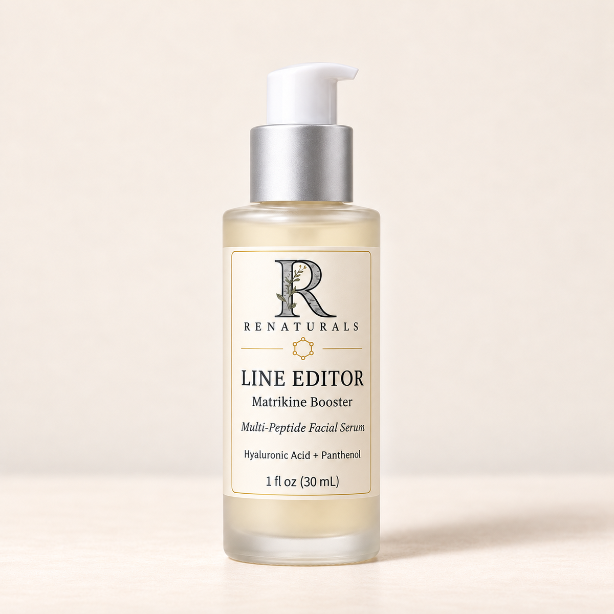 RENATURALS Line Editor Matrikine Booster, 30 mL frosted glass bottle with white treatment pump, matte silver collar and gold-trim ivory Botanical R label.