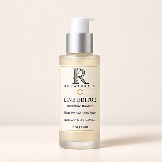 RENATURALS Line Editor Matrikine Booster, 30 mL frosted glass bottle with white treatment pump, matte silver collar and gold-trim ivory Botanical R label.