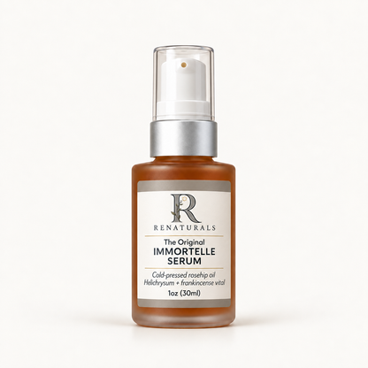 RENATURALS Original Immortelle Serum, 1oz (30ml), in an amber-filled frosted bottle with a white pump, matte silver collar and an ivory, taupe and soft-gold Botanical R label.