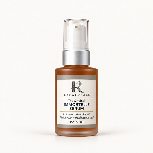 RENATURALS Original Immortelle Serum, 1oz (30ml), in an amber-filled frosted bottle with a white pump, matte silver collar and an ivory, taupe and soft-gold Botanical R label.