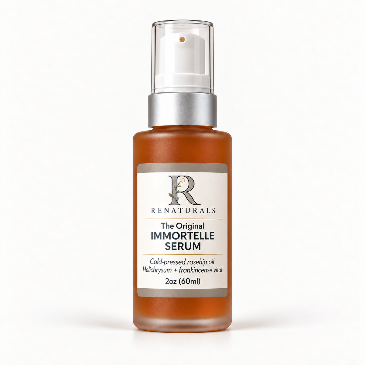 RENATURALS Original Immortelle Serum, 2oz (60ml), in a taller amber-filled frosted bottle with a white pump, matte silver collar, clear cap and ivory, taupe and gold-trim Botanical R label.