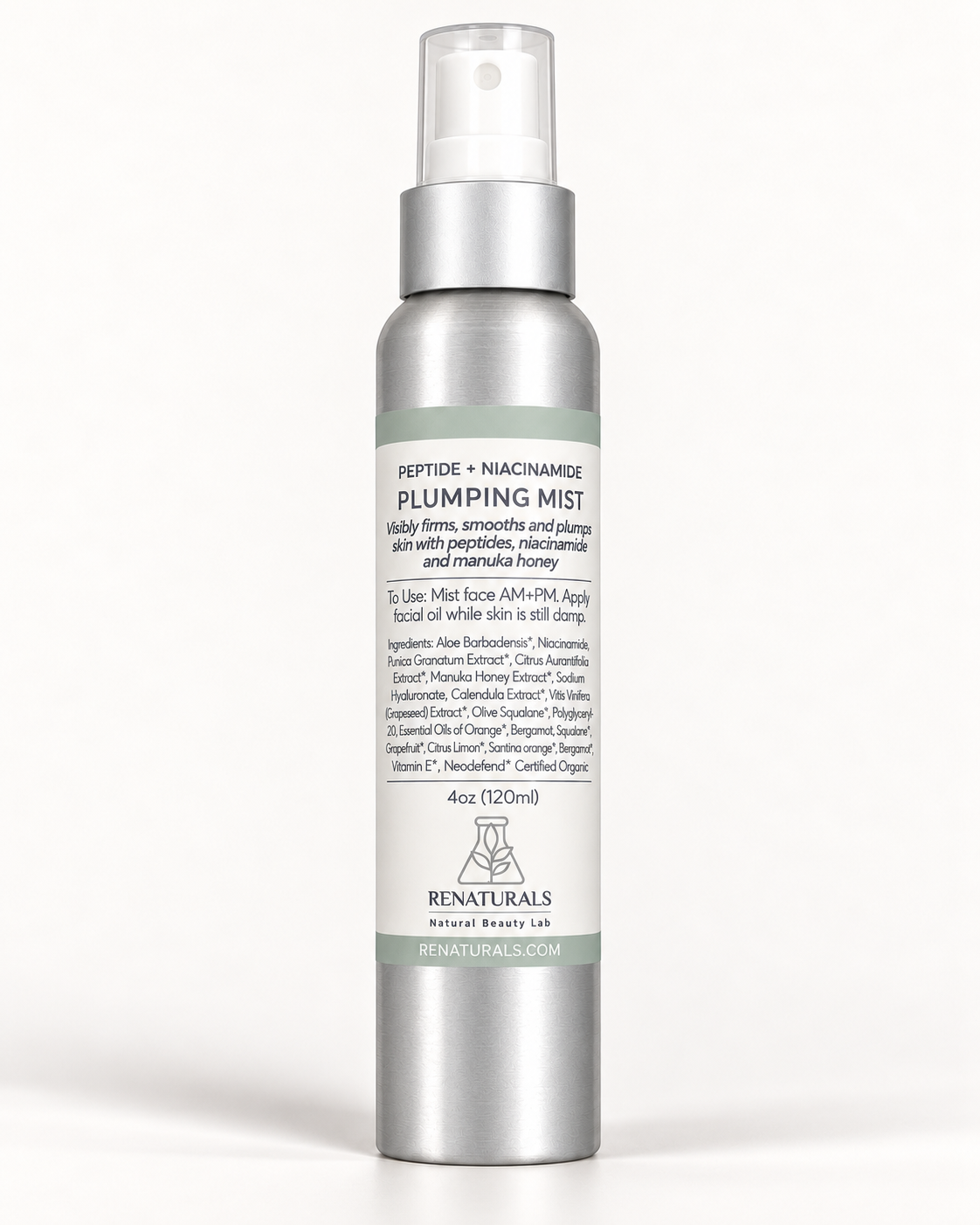 RENATURALS Peptide + Niacinamide Plumping Mist, 4 oz (120 mL), in a tall silver spray bottle with white pump and clear cap on ivory.