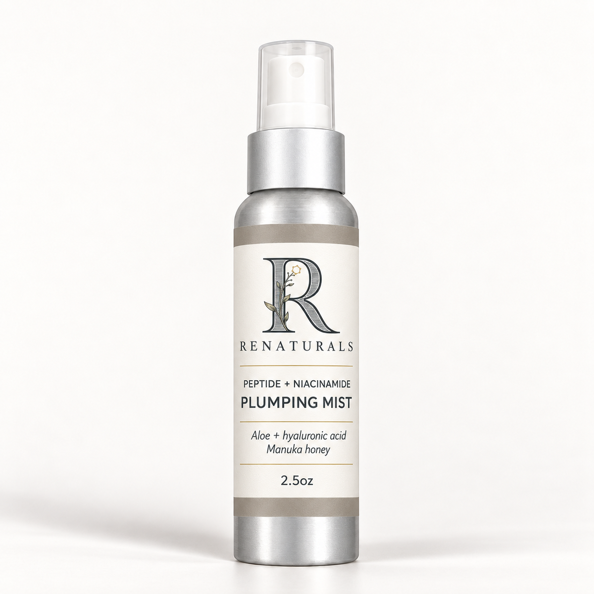 RENATURALS Peptide + Niacinamide Plumping Mist, 2.5oz, in a shorter silver spray bottle with a white nozzle, clear cap and ivory, taupe and soft-gold Botanical R label.