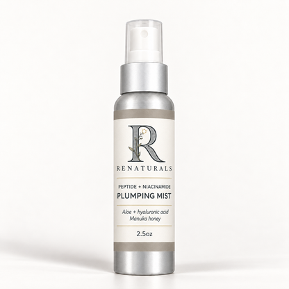 RENATURALS Peptide + Niacinamide Plumping Mist, 2.5oz, in a shorter silver spray bottle with a white nozzle, clear cap and ivory, taupe and soft-gold Botanical R label.