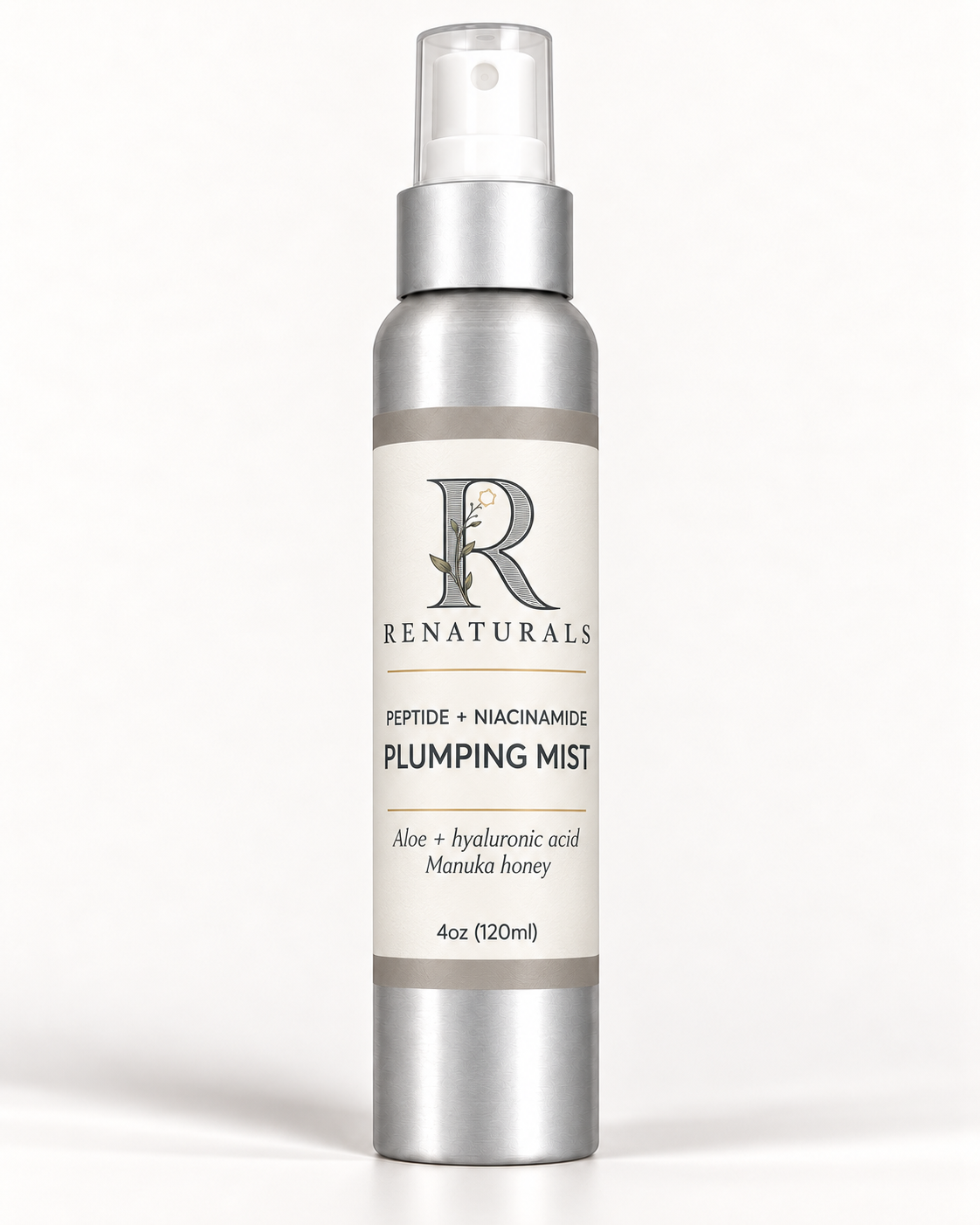 RENATURALS Peptide + Niacinamide Plumping Mist, 4oz (120ml), in a tall silver spray bottle with a white nozzle, clear cap and ivory, taupe and soft-gold Botanical R label.