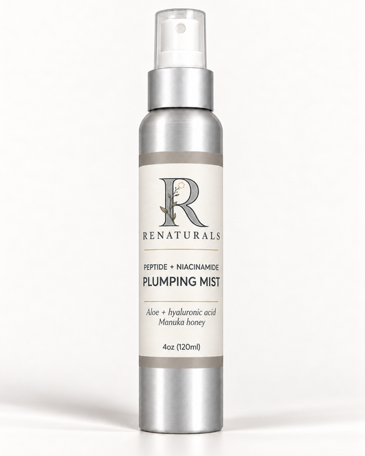 RENATURALS Peptide + Niacinamide Plumping Mist, 4oz (120ml), in a tall silver spray bottle with a white nozzle, clear cap and ivory, taupe and soft-gold Botanical R label.