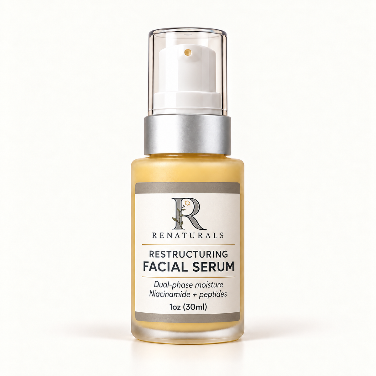 RENATURALS Original Restructuring Facial Serum, 1oz (30ml), in a pale golden frosted bottle with a white pump, matte silver collar, clear cap and ivory, taupe and soft-gold Botanical R label.