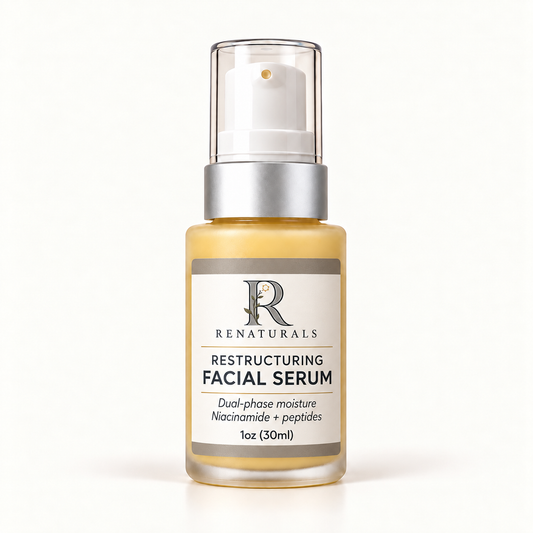 RENATURALS Original Restructuring Facial Serum, 1oz (30ml), in a pale golden frosted bottle with a white pump, matte silver collar, clear cap and ivory, taupe and soft-gold Botanical R label.
