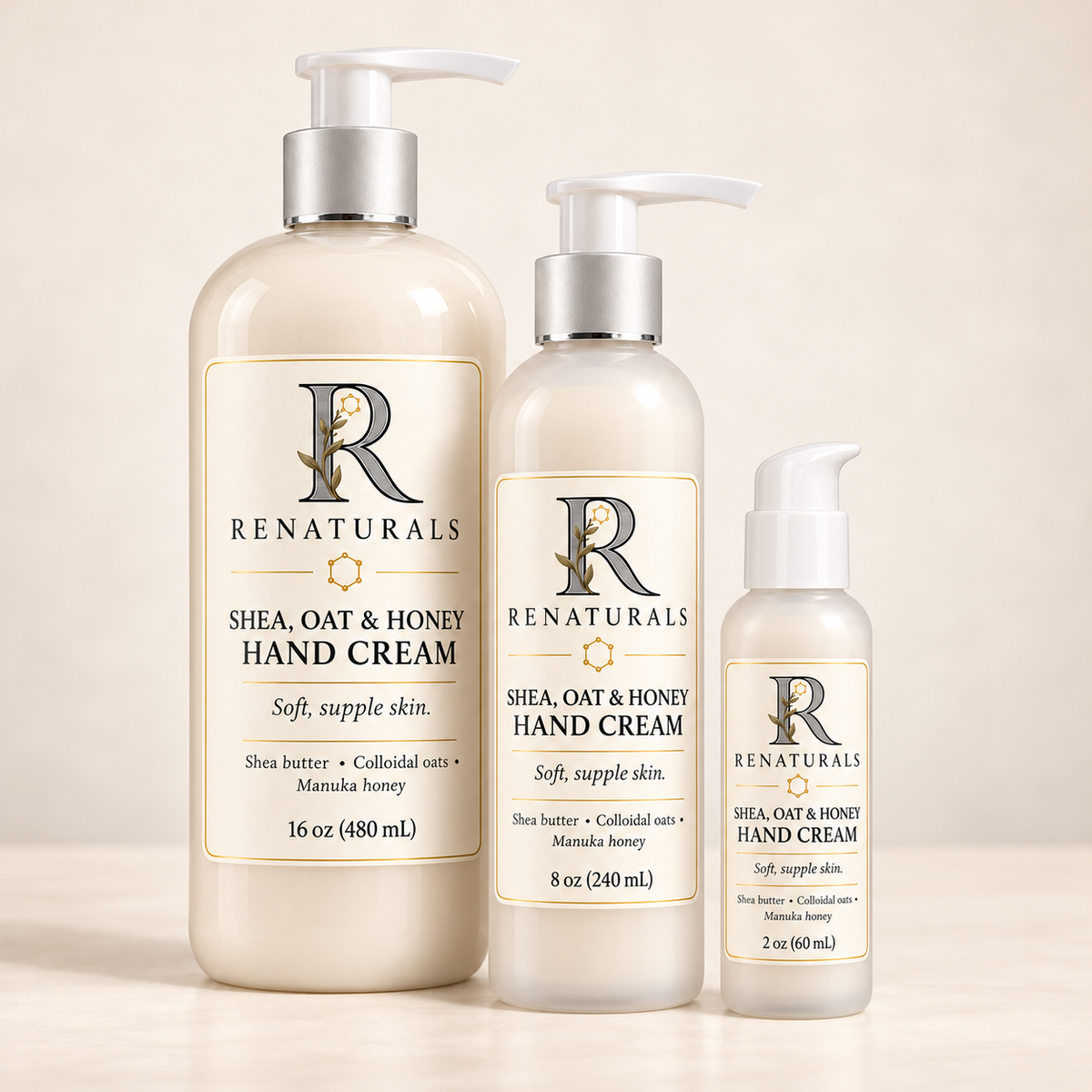 RENATURALS Shea, Oat & Honey Hand Cream: 2 oz and 8 oz frosted PET bottles, with an all-white treatment pump on 2 oz and silver-collar white saddle pumps on 8 oz and the 16 oz bottle.