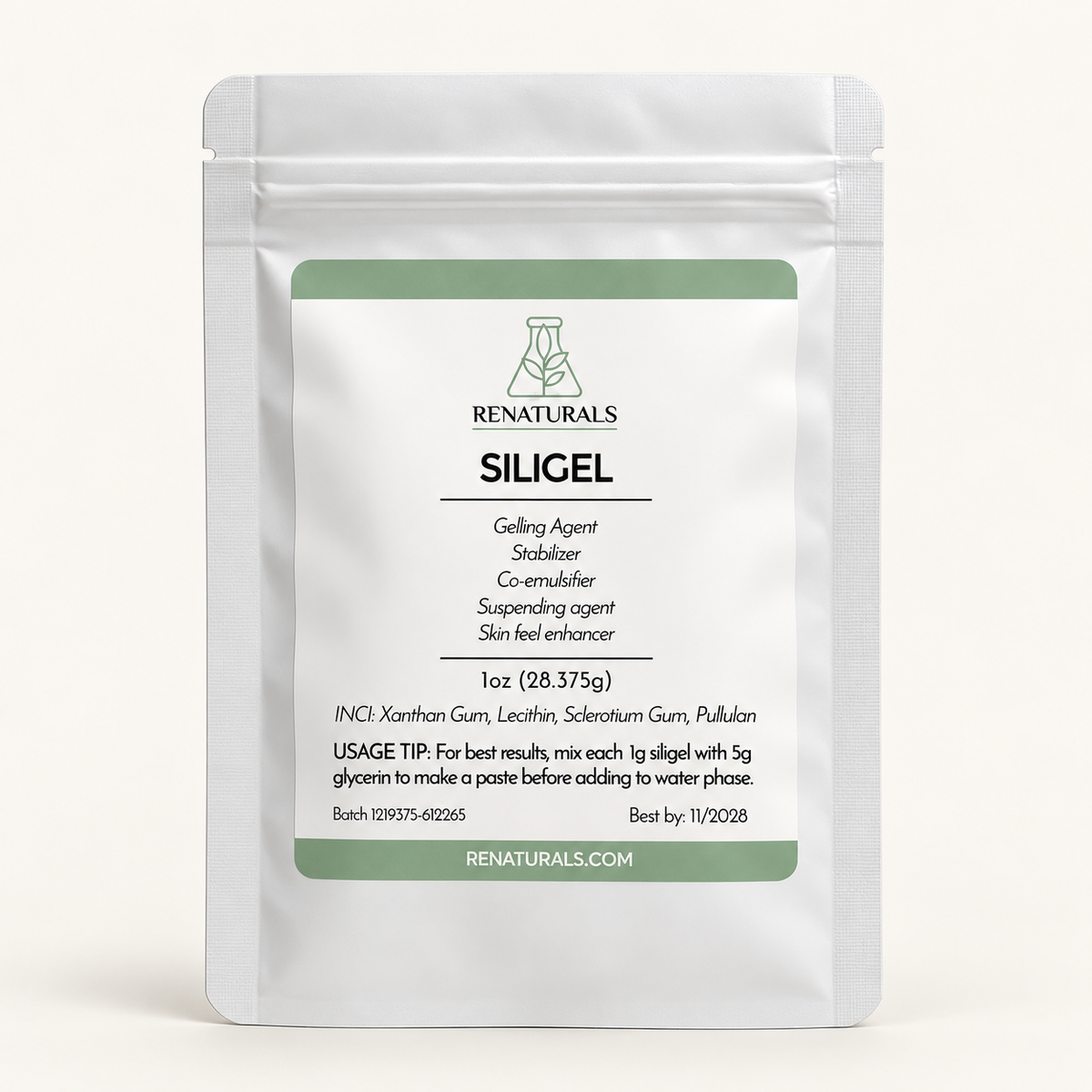 RENATURALS SILIGEL cosmetic gelling agent, 1 oz, in a resealable white pouch on a warm ivory background.