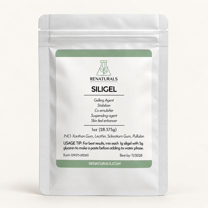 RENATURALS SILIGEL cosmetic gelling agent, 1 oz, in a resealable white pouch on a warm ivory background.