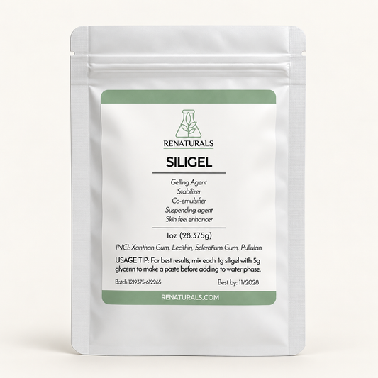 RENATURALS SILIGEL cosmetic gelling agent, 1 oz, in a resealable white pouch on a warm ivory background.