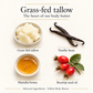 Grass-fed tallow, the heart of RENATURALS Tallow Body Butter, shown alongside selected ingredients vanilla bean, manuka honey and rosehip seed oil on an ivory background.