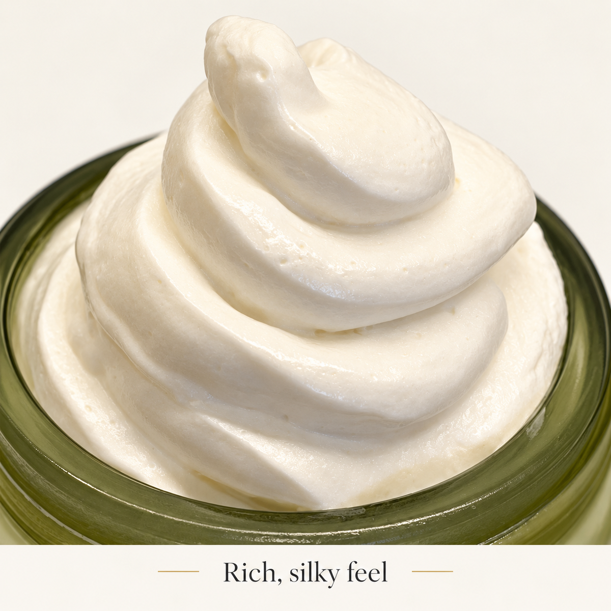Creamy ivory whipped texture of RENATURALS Tallow Body Butter with the words Rich, silky feel and subtle gold accents.
