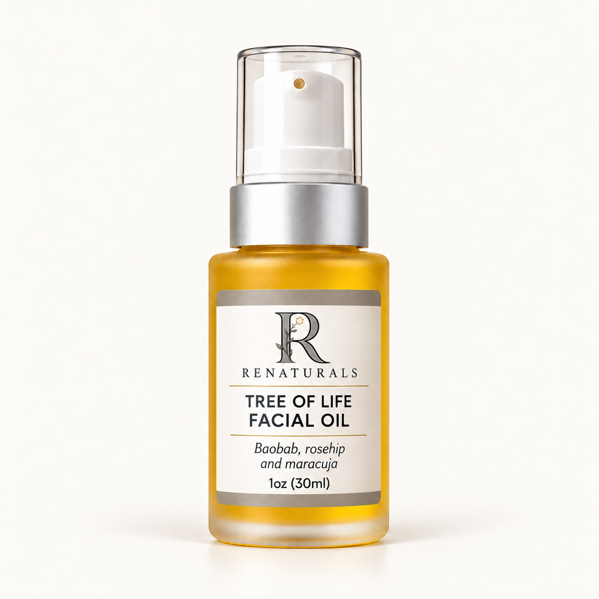 RENATURALS Tree of Life Facial Oil, 1oz (30ml), in a golden-oil frosted bottle with a white pump, matte silver collar and an ivory, taupe and soft-gold Botanical R label.