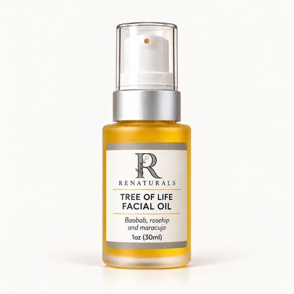 RENATURALS Tree of Life Facial Oil, 1oz (30ml), in a golden-oil frosted bottle with a white pump, matte silver collar and an ivory, taupe and soft-gold Botanical R label.