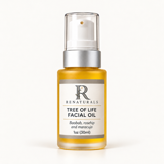 RENATURALS Tree of Life Facial Oil, 1oz (30ml), in a golden-oil frosted bottle with a white pump, matte silver collar and an ivory, taupe and soft-gold Botanical R label.