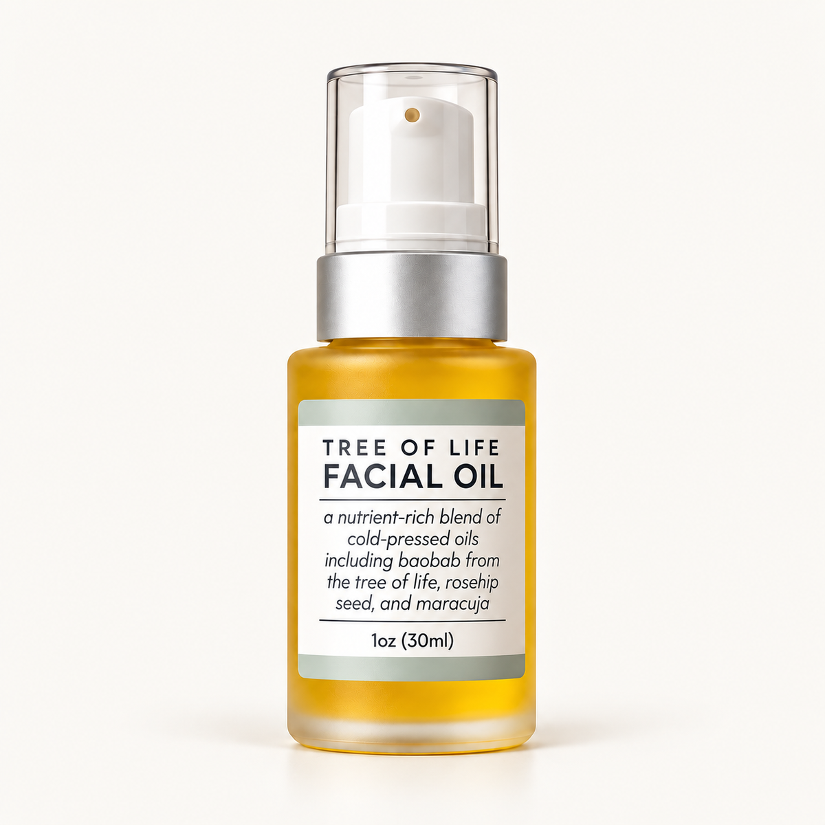 RENATURALS Tree of Life Facial Oil, 1 oz, in a frosted bottle with a white pump and matte silver collar on ivory.